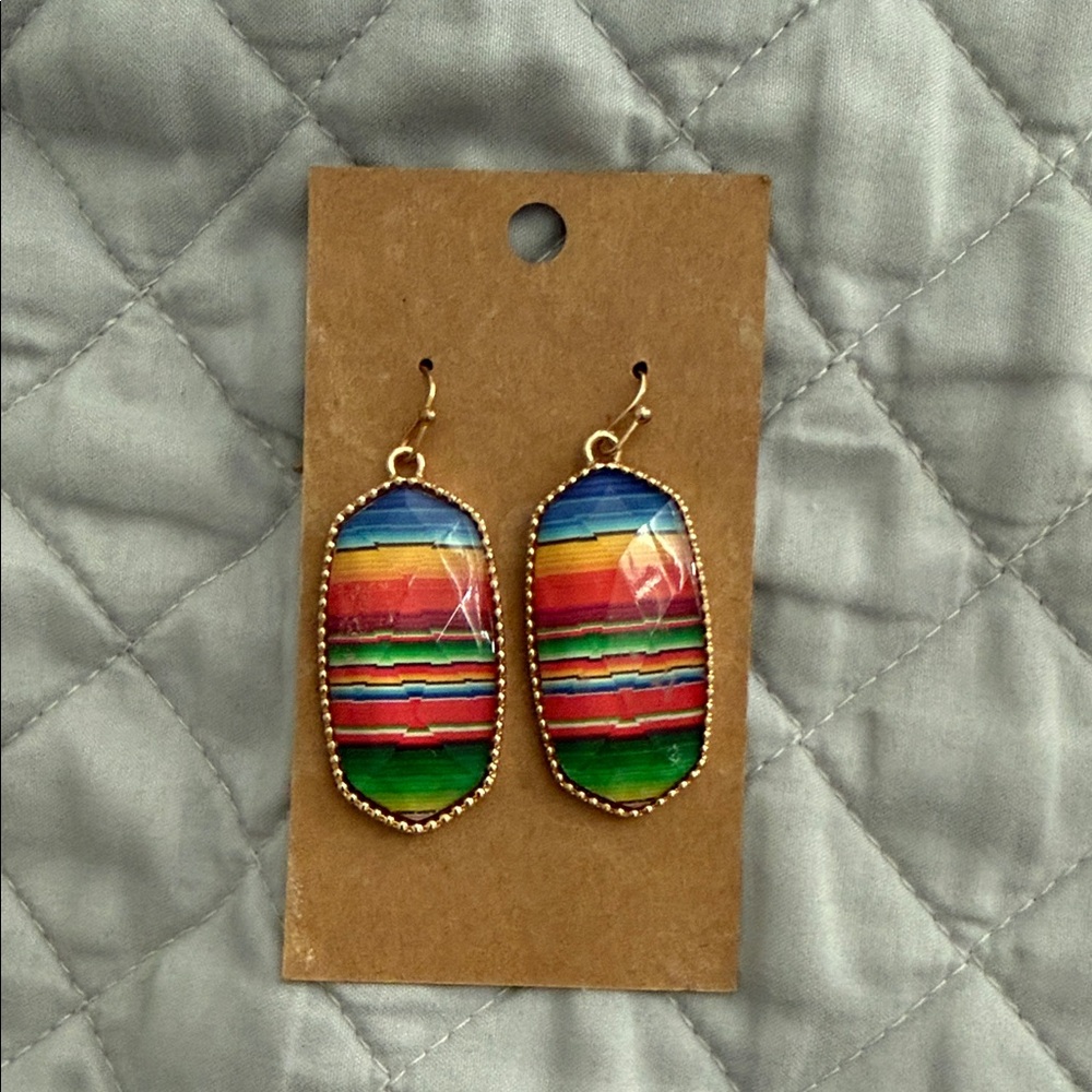 Gold-Trim Multicolor Striped Oval Drop Earrings